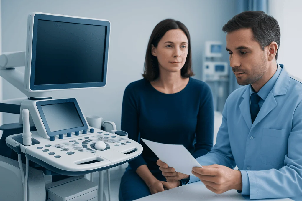 Doctor explaining test results to a woman in a medical clinic.