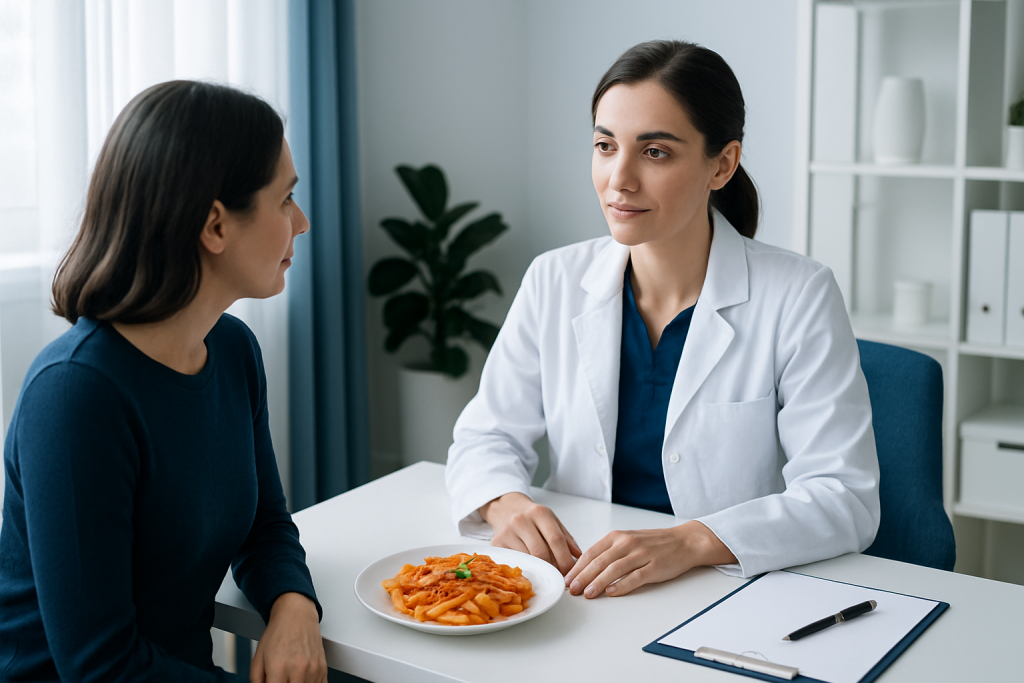 Doctor consulting with patient about dietary advice in a clinical setting.