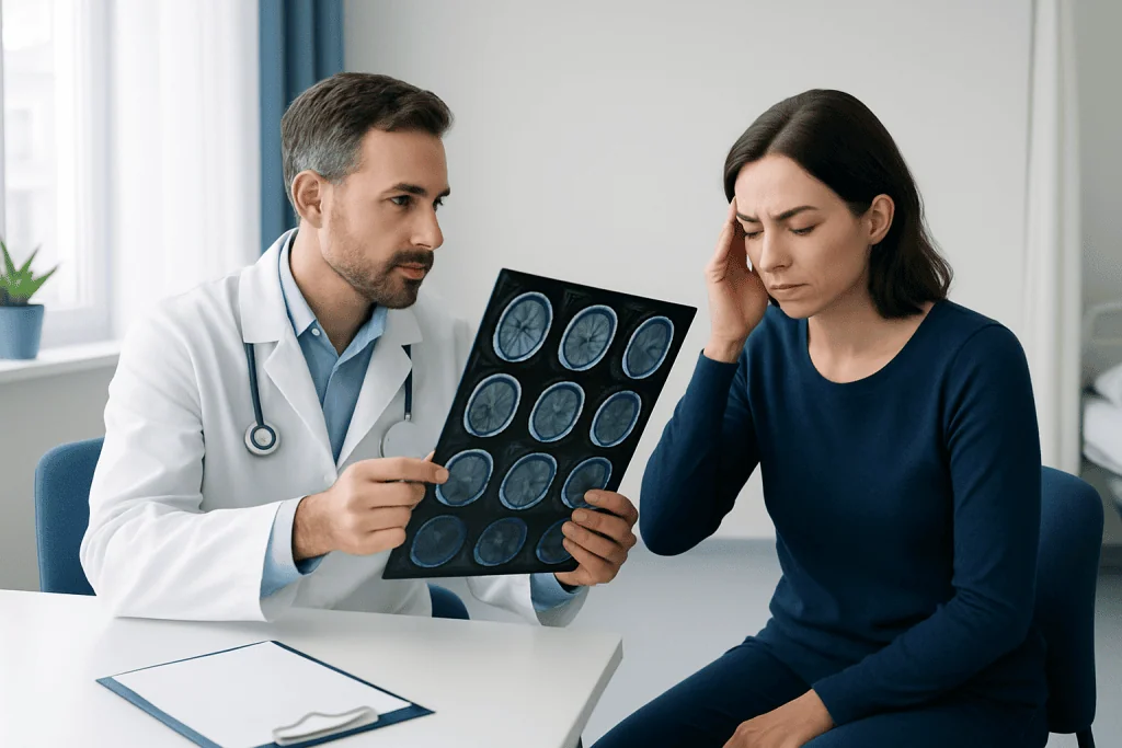 Doctor explaining brain scan results to a patient with headache symptoms.