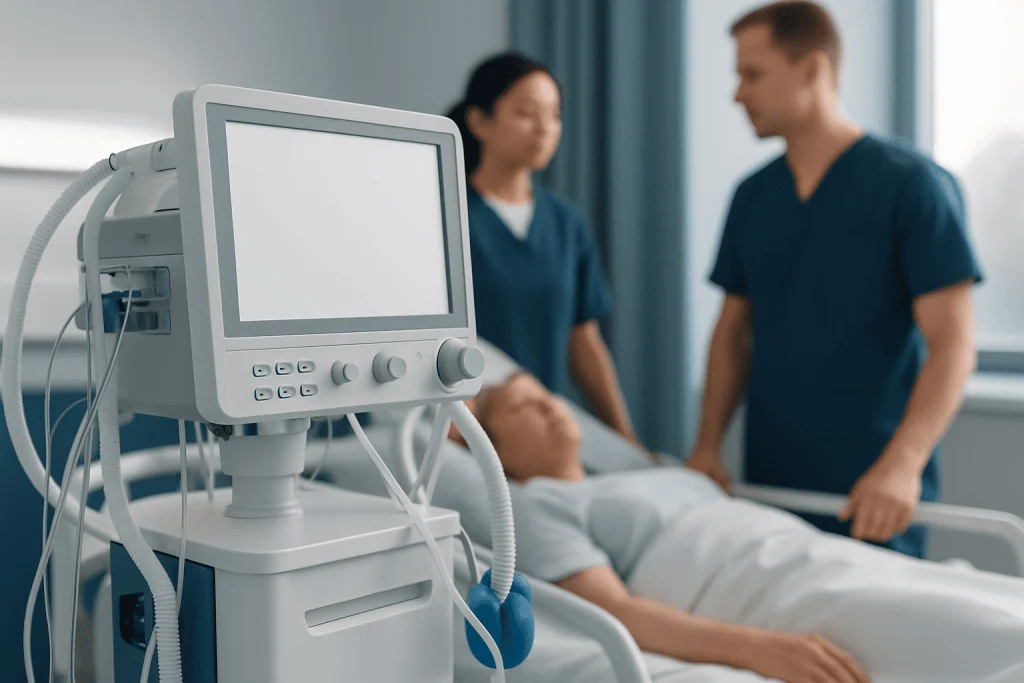 Hospital medical monitor in a clinical setting with healthcare professionals.