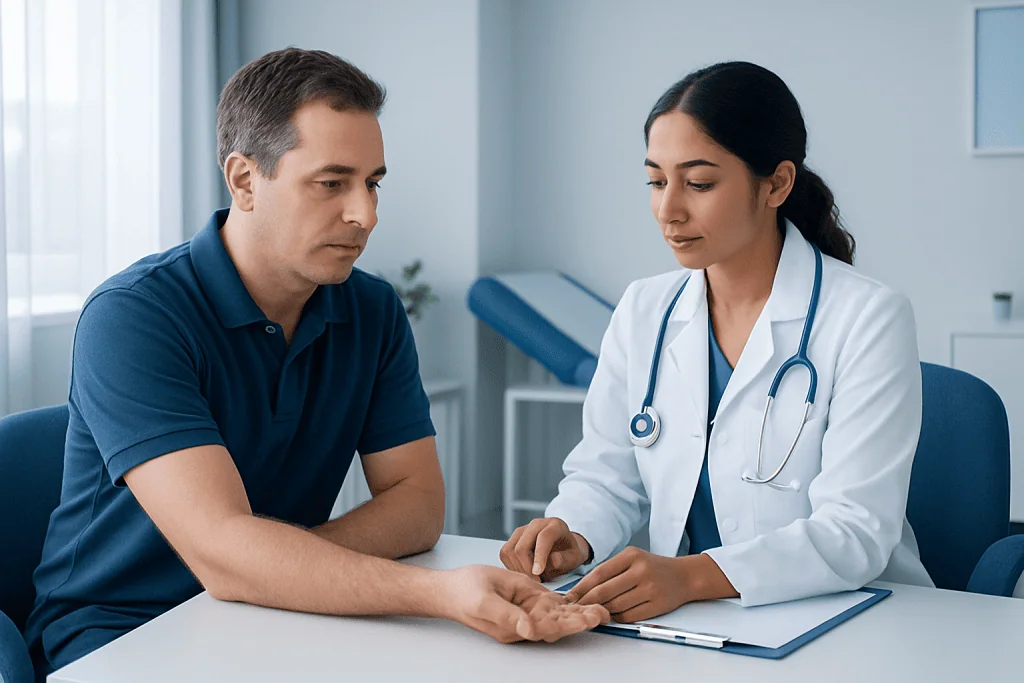 Doctor examining patient's wrist in a medical consultation room.