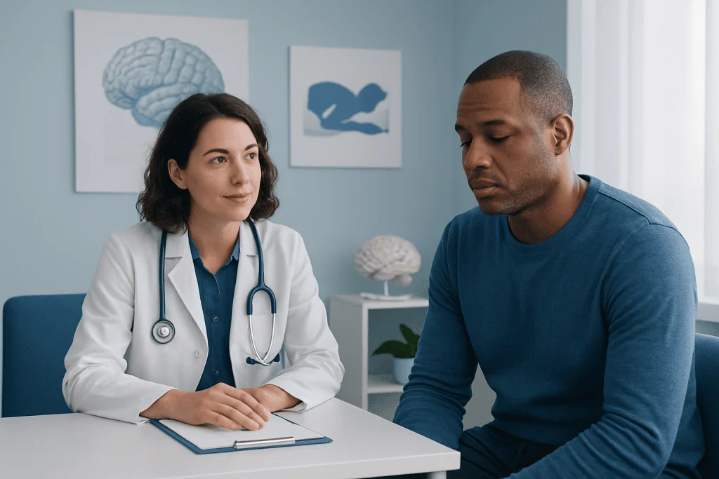 Doctor consulting with patient in a medical office setting.