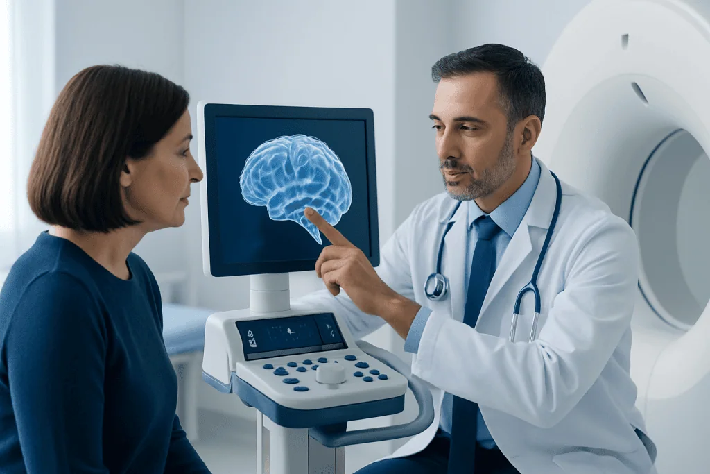 Neurologist explaining brain scan to patient in hospital.