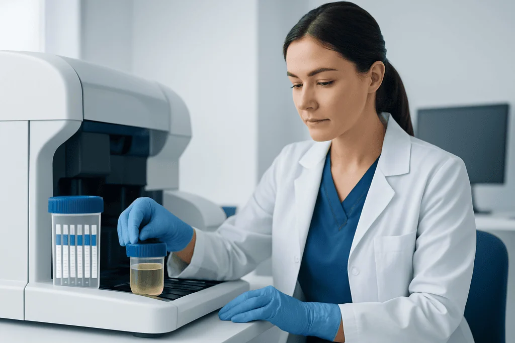 Laboratory technician preparing a urine sample for analysis with medical equipment.