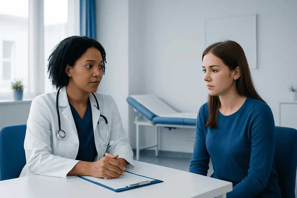 Doctor consulting with a young female patient in a medical office.