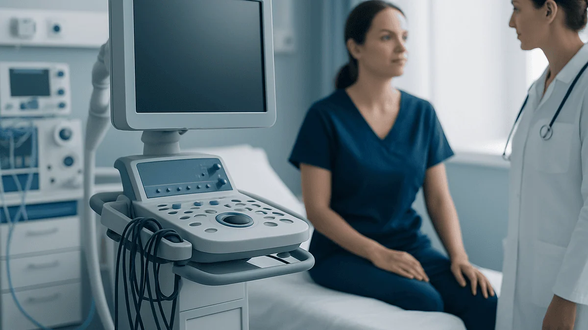 Medical consultation with ultrasound equipment in a hospital setting.