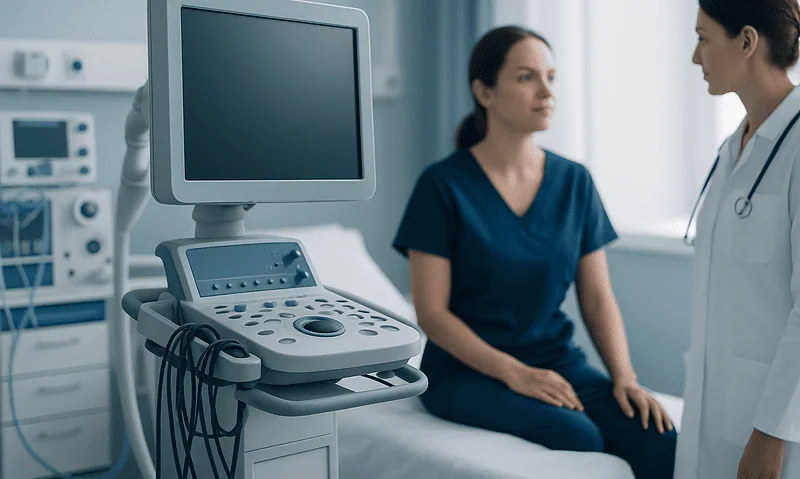 Medical consultation with ultrasound equipment in a hospital setting.