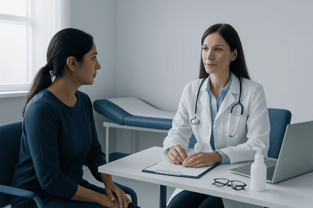 Doctor consulting patient in a medical office setting.