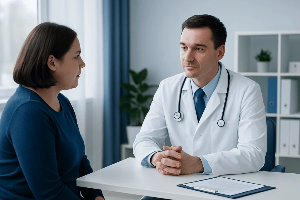Doctor consulting with a female patient in a modern medical office.