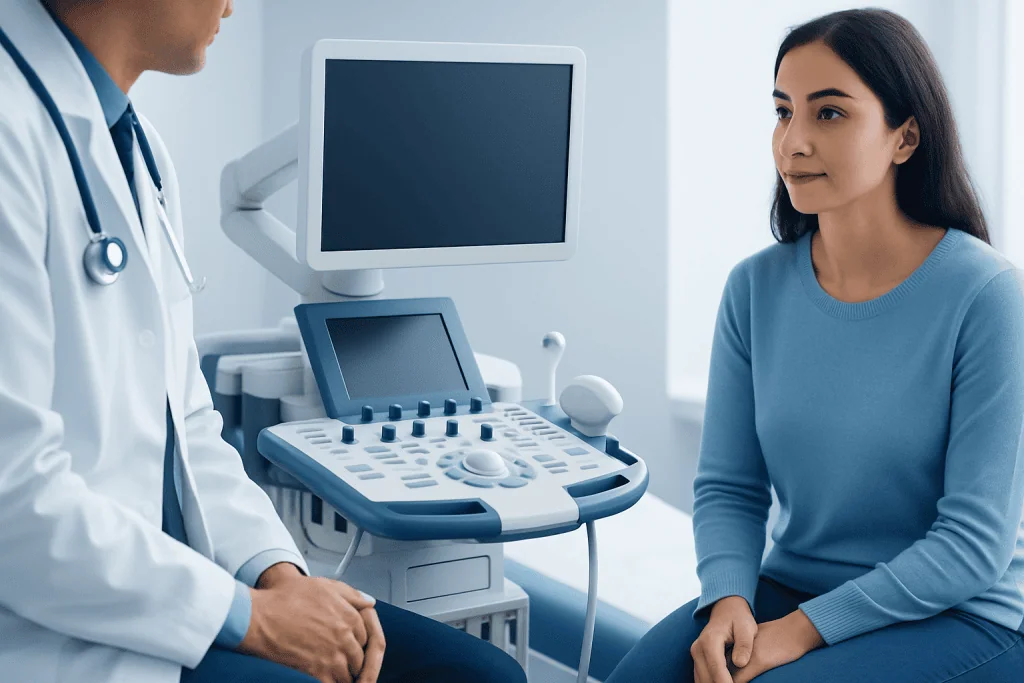 Doctor and patient during a gynecological consultation at Acibadem Hospital.