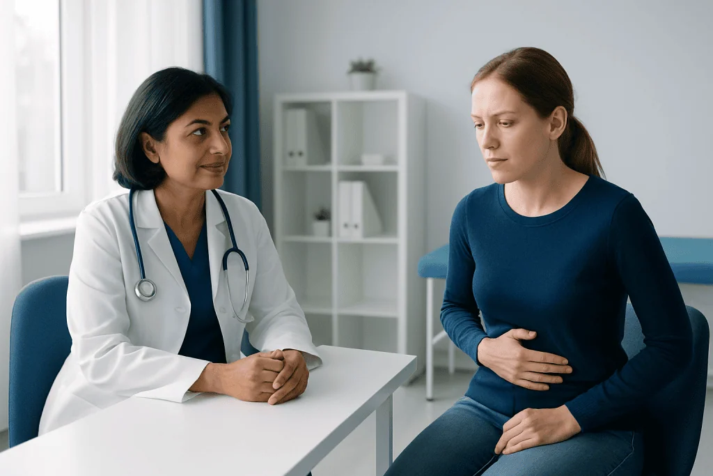 Doctor consulting with a patient about stomach pain in a clinic setting.