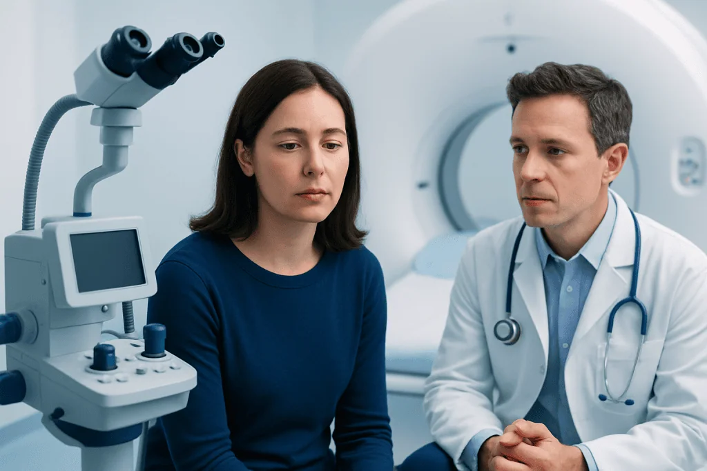 Neurologist consulting with a patient in a hospital setting.