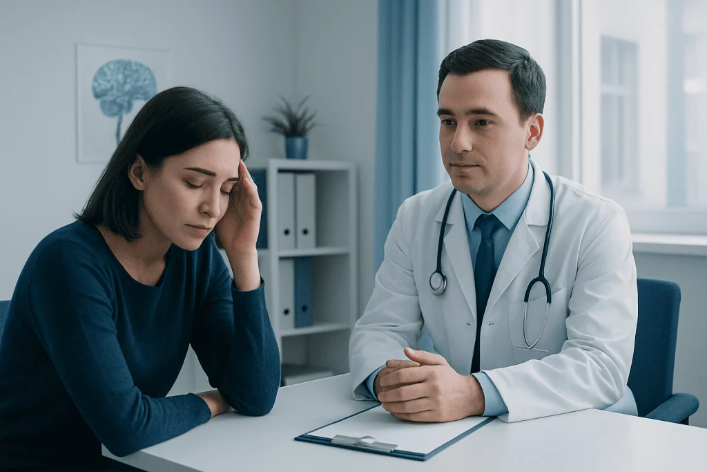 Neurologist consulting with a patient in a medical office setting.