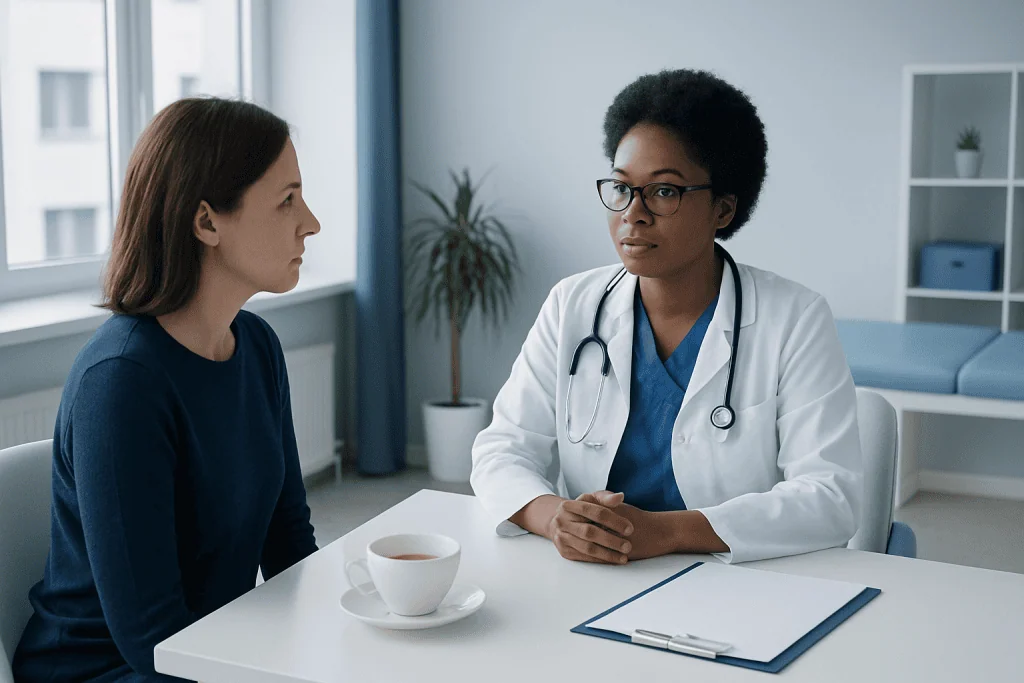 Doctor consulting with a patient in a modern medical office setting.