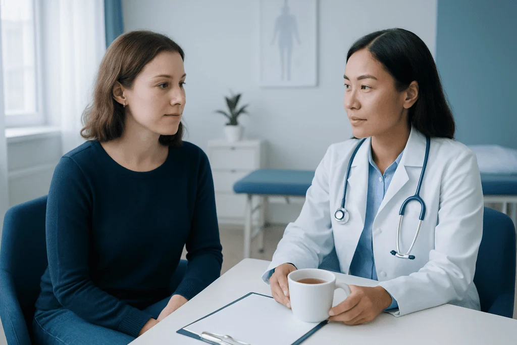 Doctor consulting with a patient about health in a medical office.