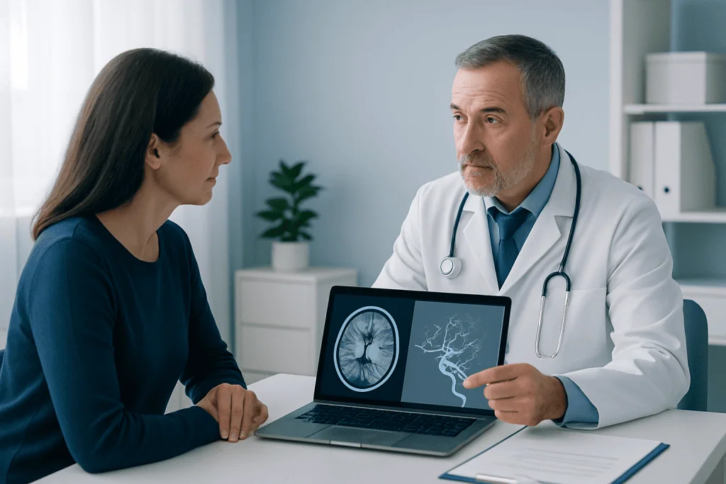 Doctor explains brain blood vessel images to a patient in a medical consultation.
