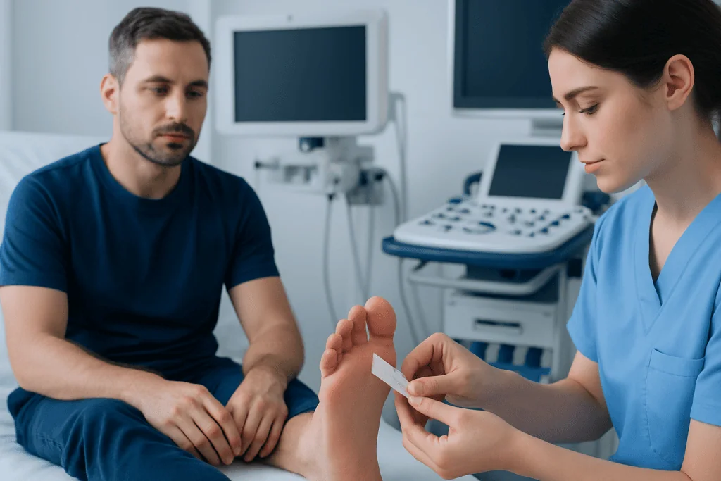 Doctor explaining treatment options to patient in hospital room.
