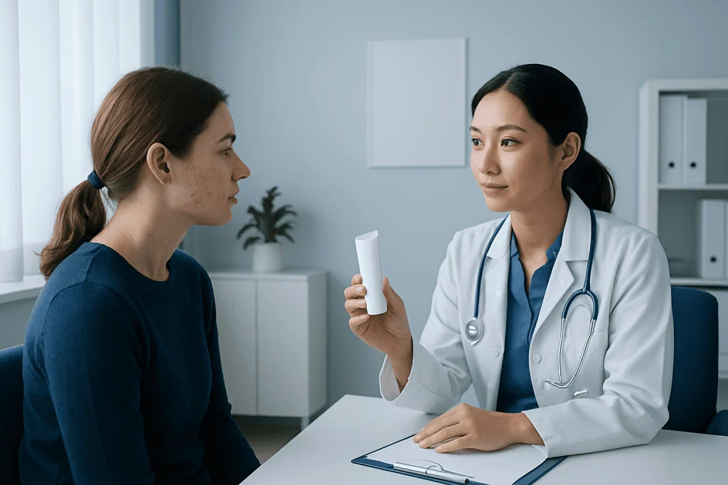 Doctor explaining skincare treatment to a patient in a clinic setting.