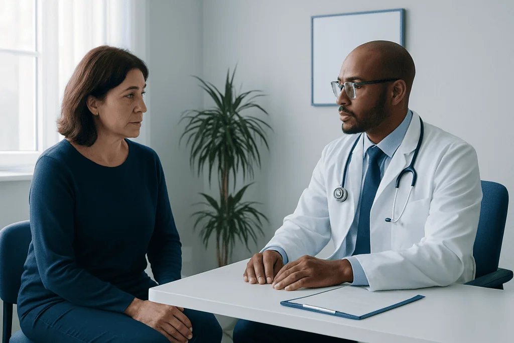 Doctor consulting with a female patient in a medical office.