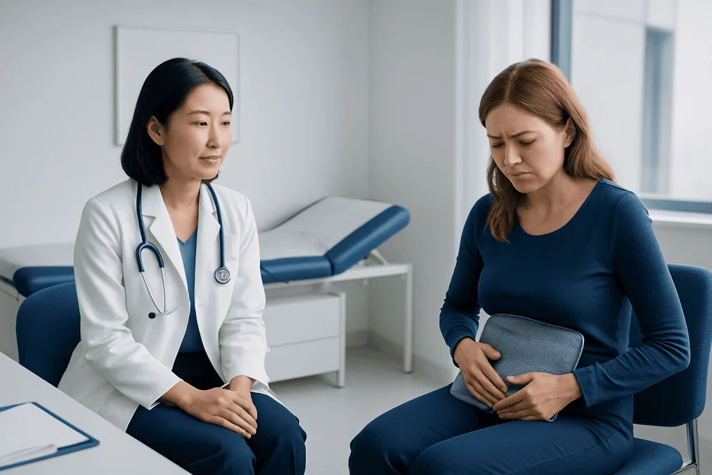 Doctor consulting with patient about abdominal pain in clinic.