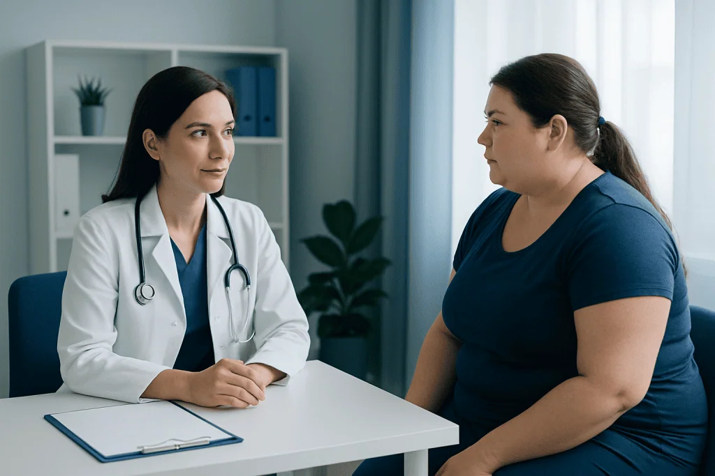 Doctor consulting with a patient about weight management in a clinic setting.