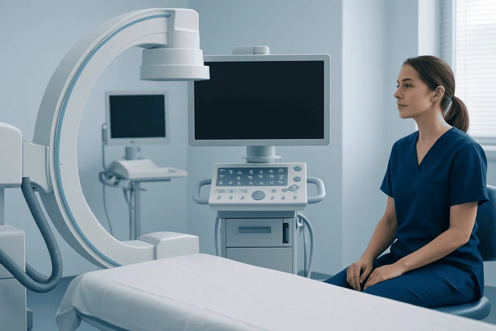 Medical professional sitting in a modern hospital imaging room with advanced equipment.