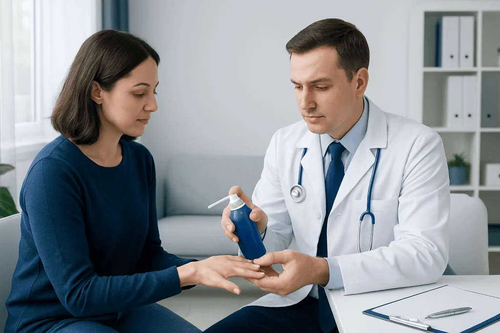 Doctor applying wart treatment to patient's hand in clinic setting.