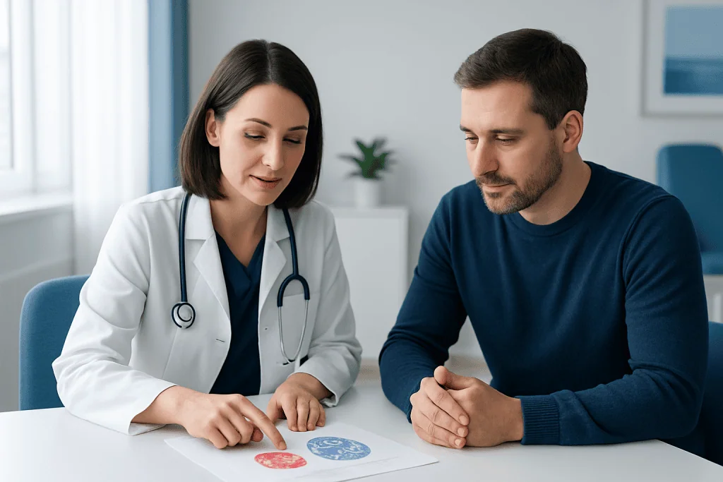 Doctor explaining blood test results to a patient in a clinical setting.