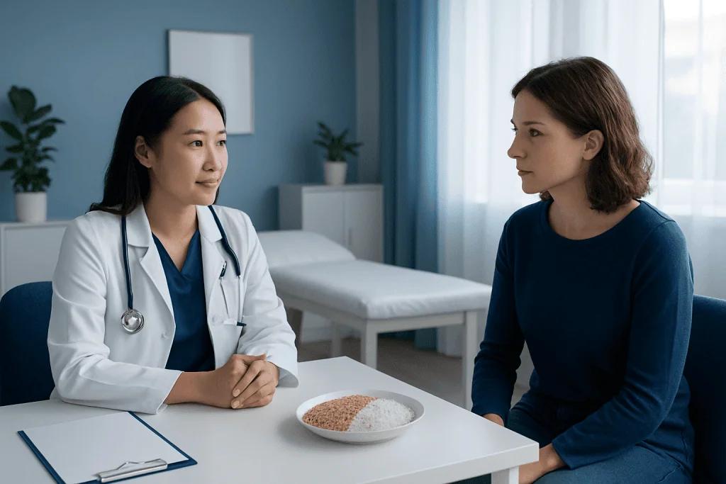 Doctor consulting with patient in a medical office setting.