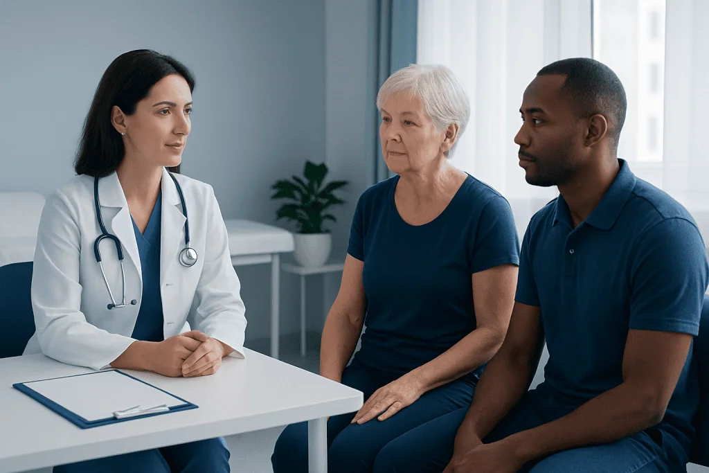 Doctor consulting with elderly woman and young man in a medical office.