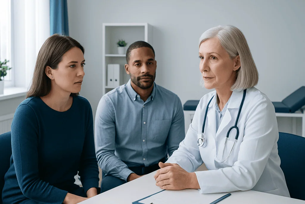 Doctor consulting with a young woman and man in a medical office.