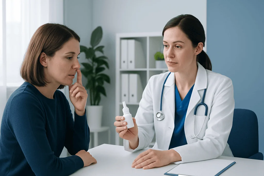 Doctor explaining saline nasal spray to patient in consultation room.