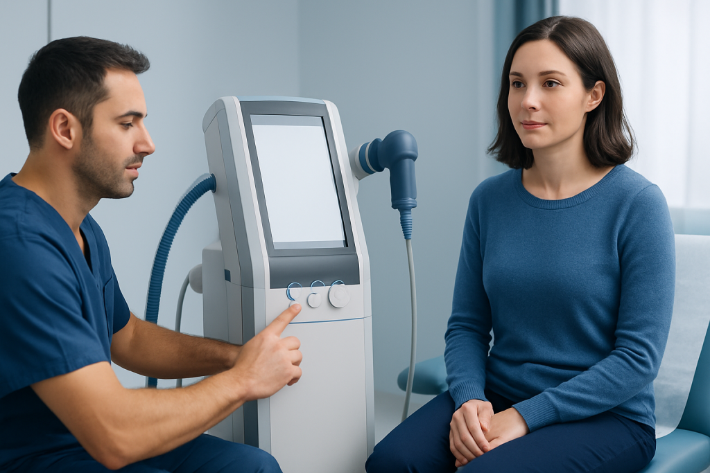 Medical professional explains ER therapy to a patient using a specialized device.