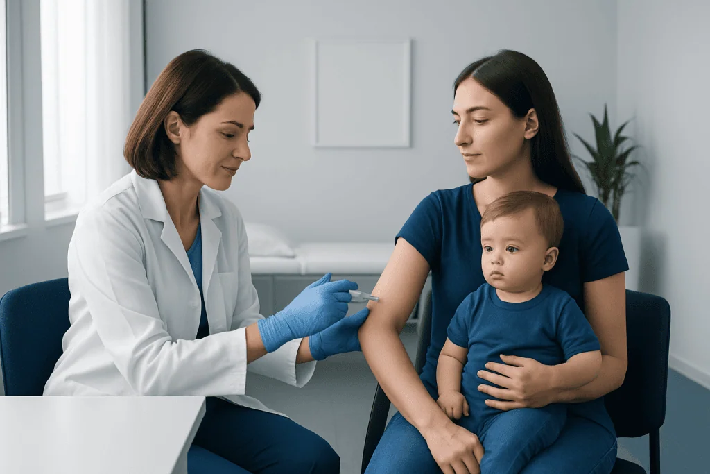 Pediatric vaccination consultation at Acibadem Hospital with doctor and mother with child.