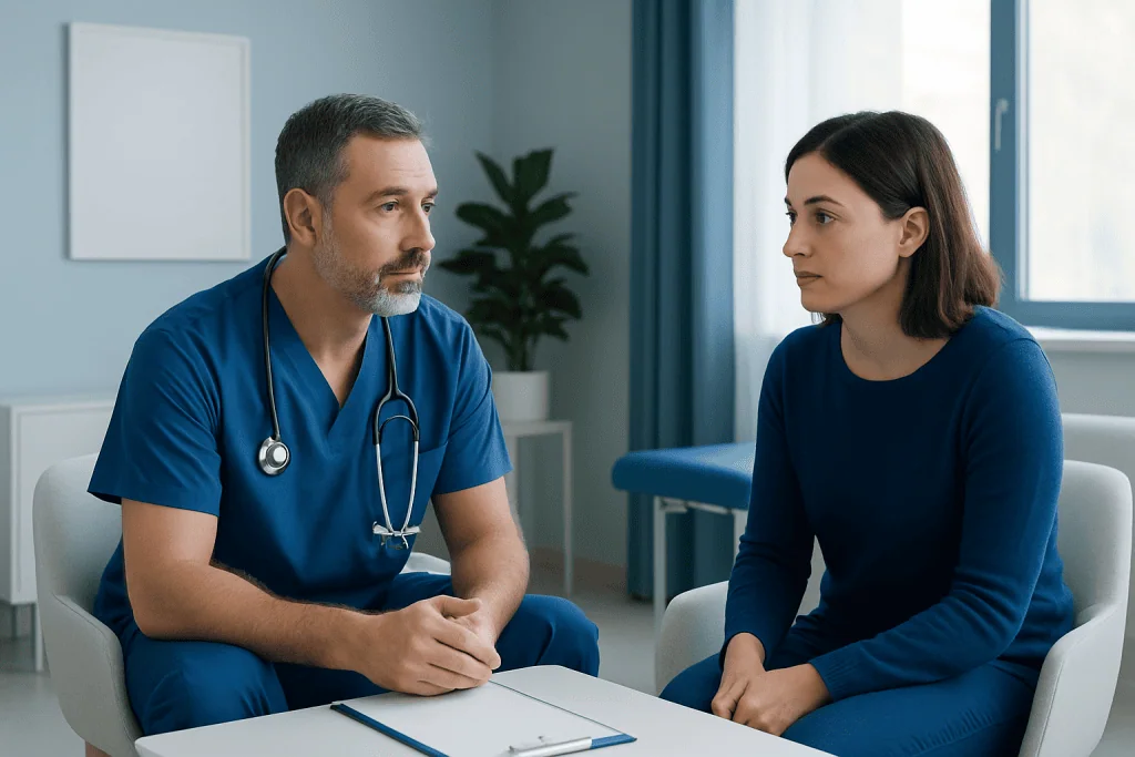 Doctor consulting with a patient in a medical office setting.