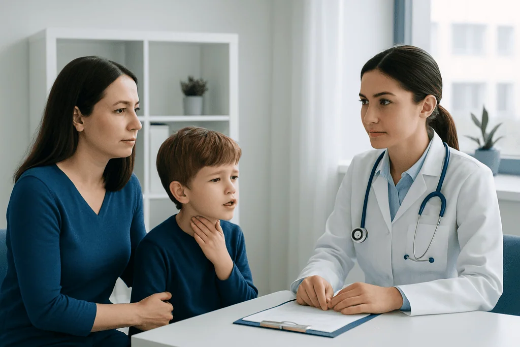 Doctor consulting with mother and child in a hospital setting.