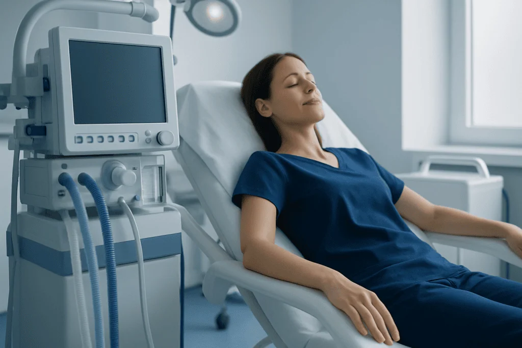 Patient resting in a hospital bed with medical equipment nearby.