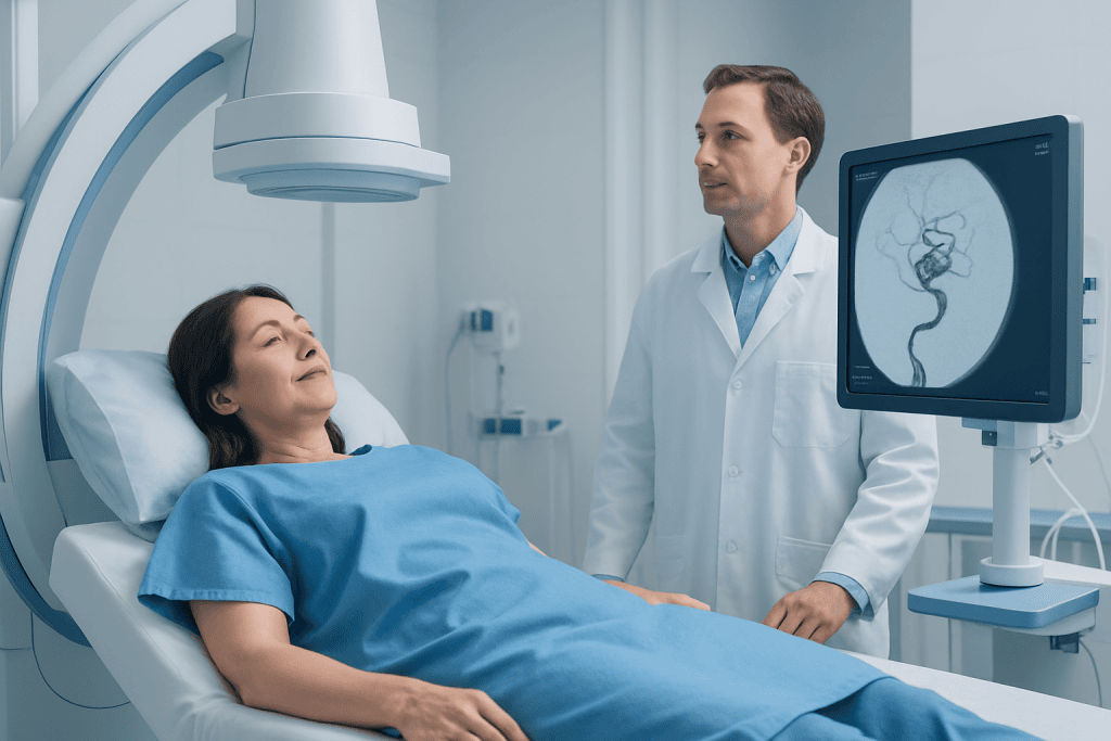 Patient undergoing cerebral angiography for aneurysm diagnosis at Acibadem Hospital.