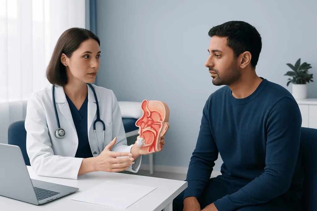 Doctor explaining sinus anatomy to patient with model in clinic.