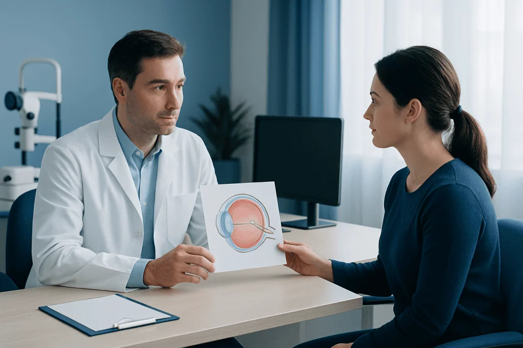 Ophthalmologist explains eye anatomy to patient during consultation.