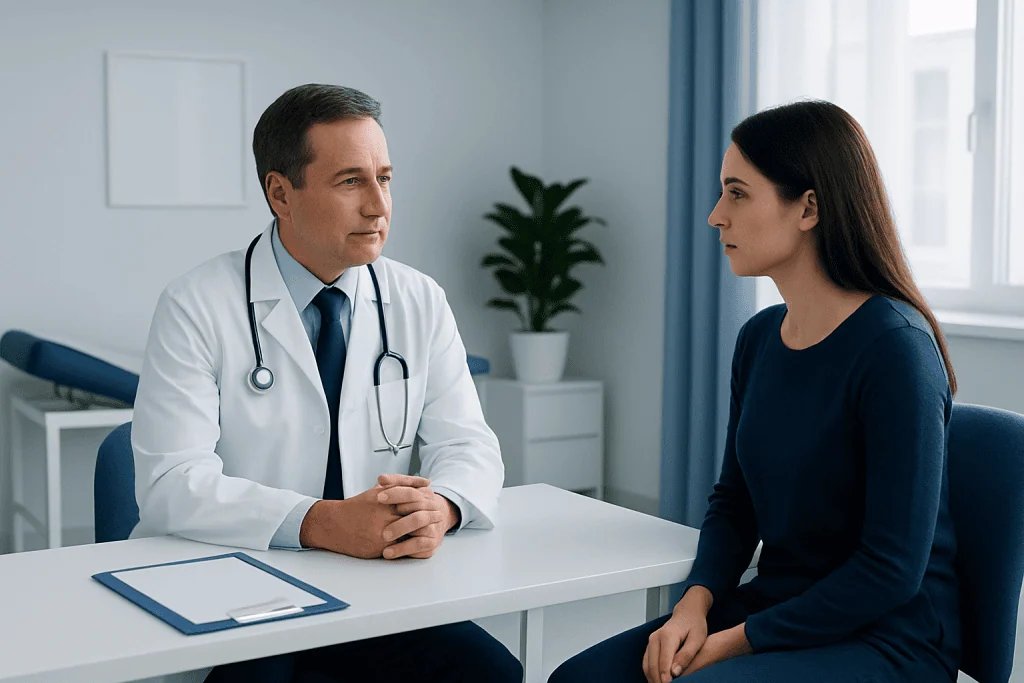 Doctor consulting a patient in a medical office for anesthesia preparation.