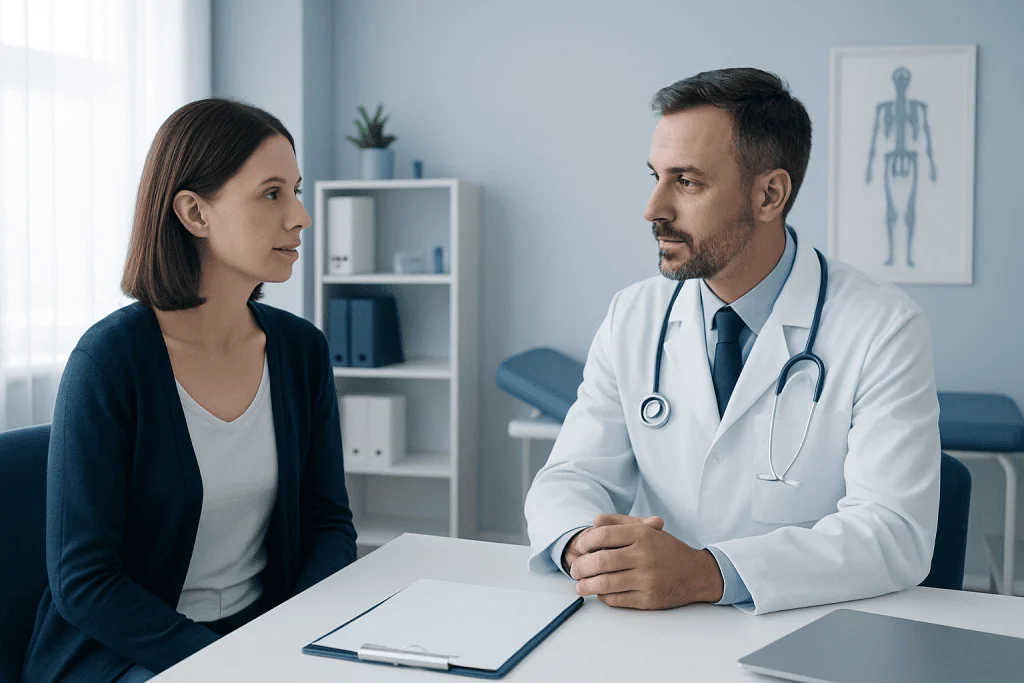 Doctor consulting with a female patient in a modern clinic setting.