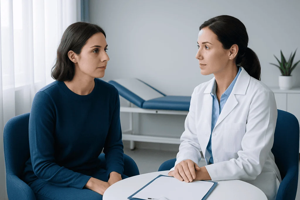 Doctor consulting with patient in a medical office setting.
