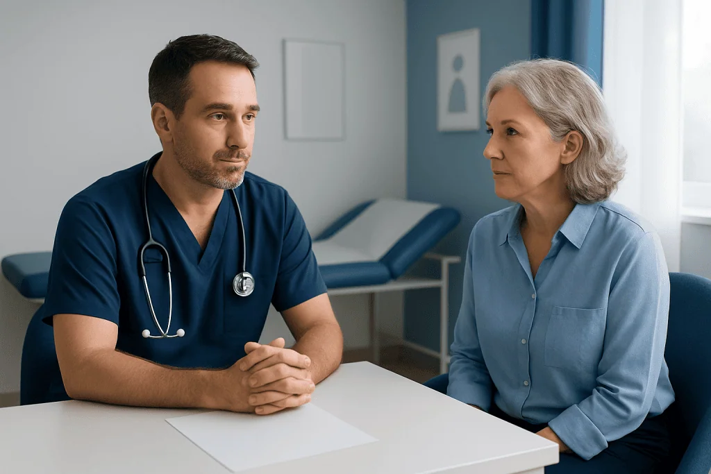 Doctor consulting with an older female patient in a medical office.