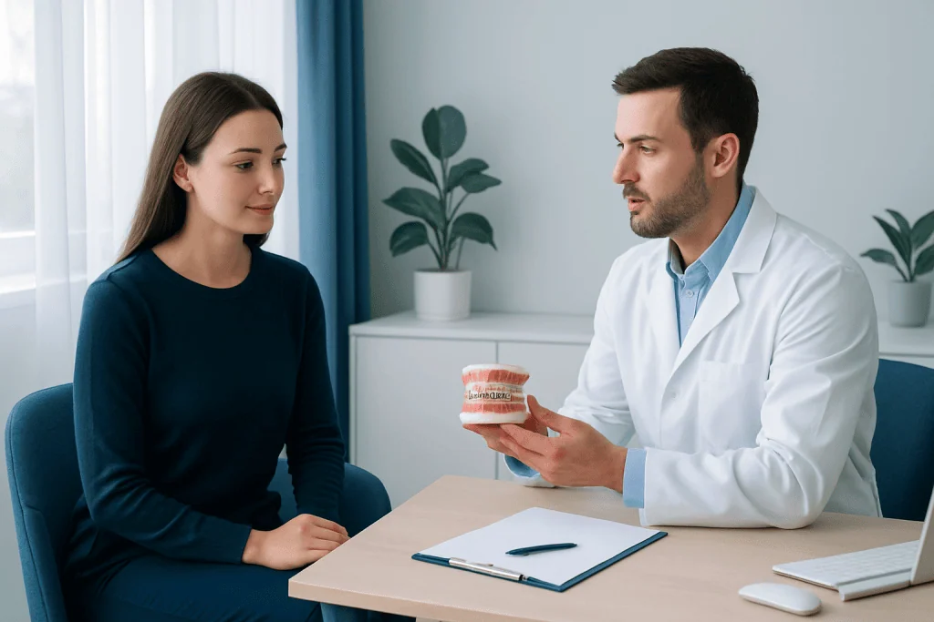Dentist explaining dental implants to a patient in a clinic setting.
