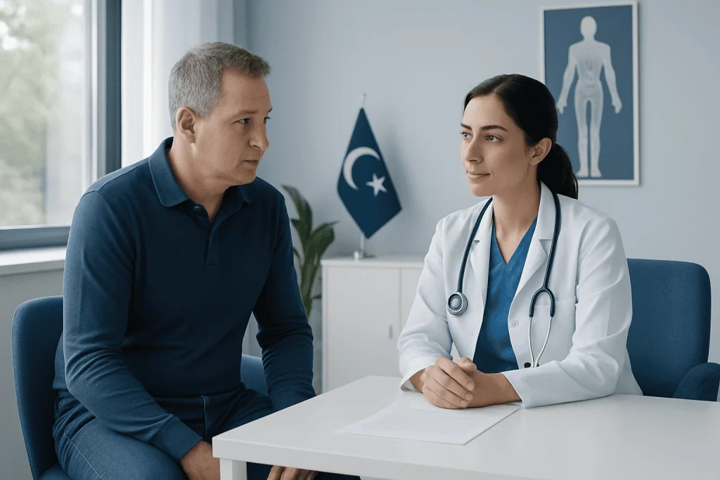 Doctor consulting with a patient in a modern medical office in Turkey.