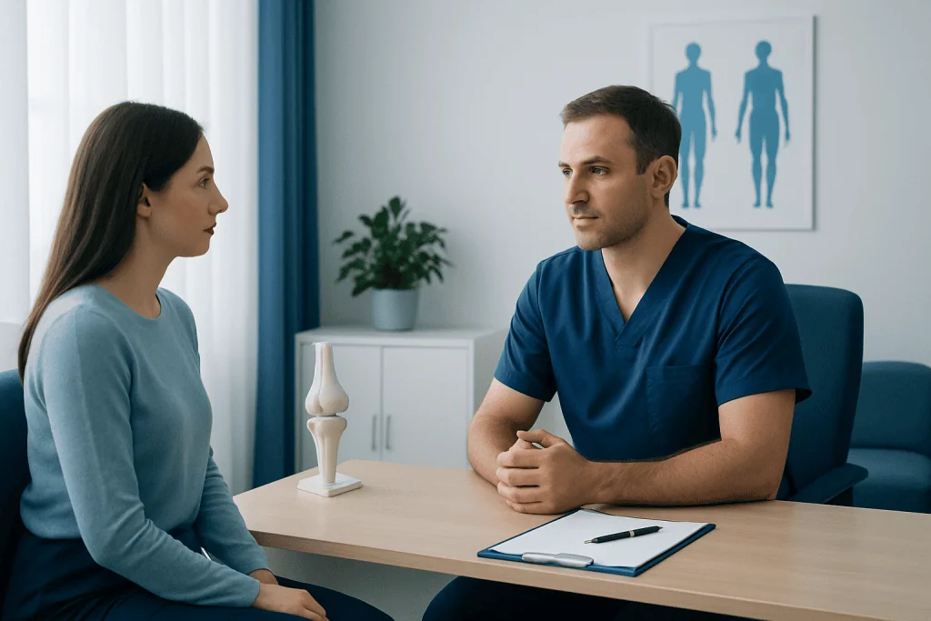 Doctor consulting female patient in a medical office setting.