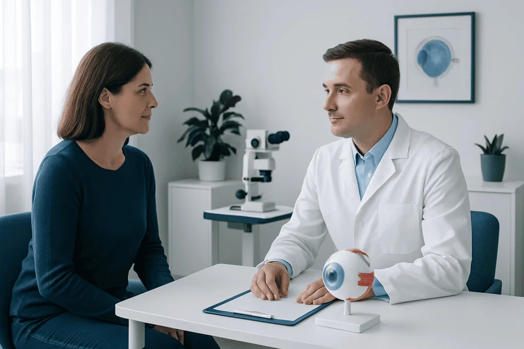 Ophthalmologist consulting a patient about eye health in a clinic setting.