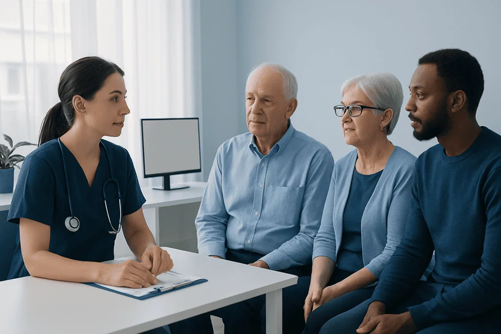 Doctor consulting with elderly patients in a medical office.