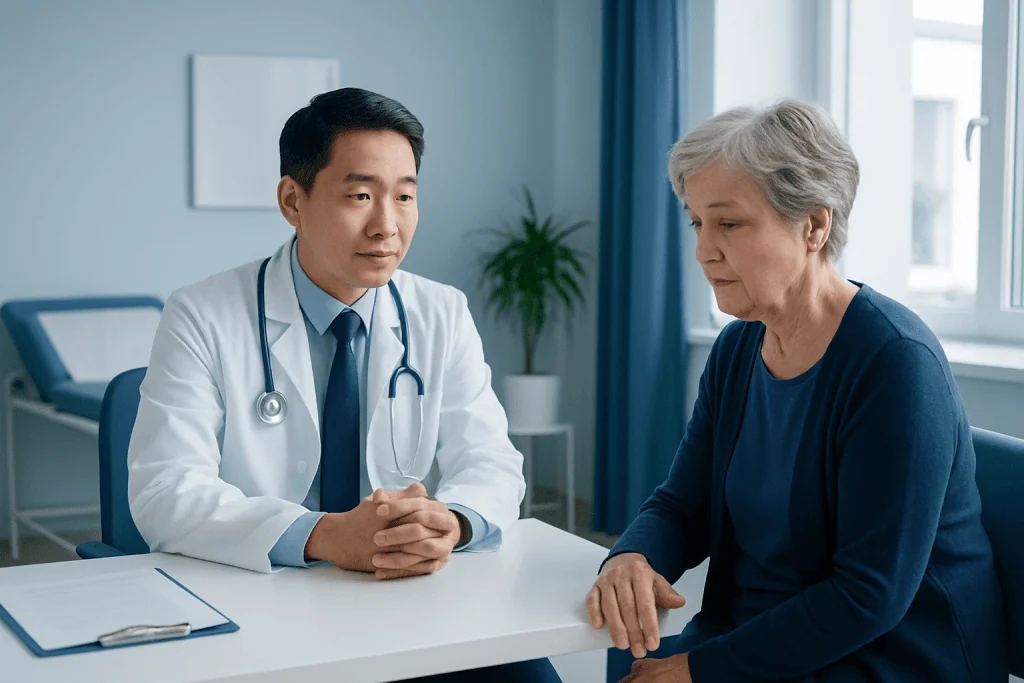 Doctor consulting with an elderly female patient in a modern hospital room.